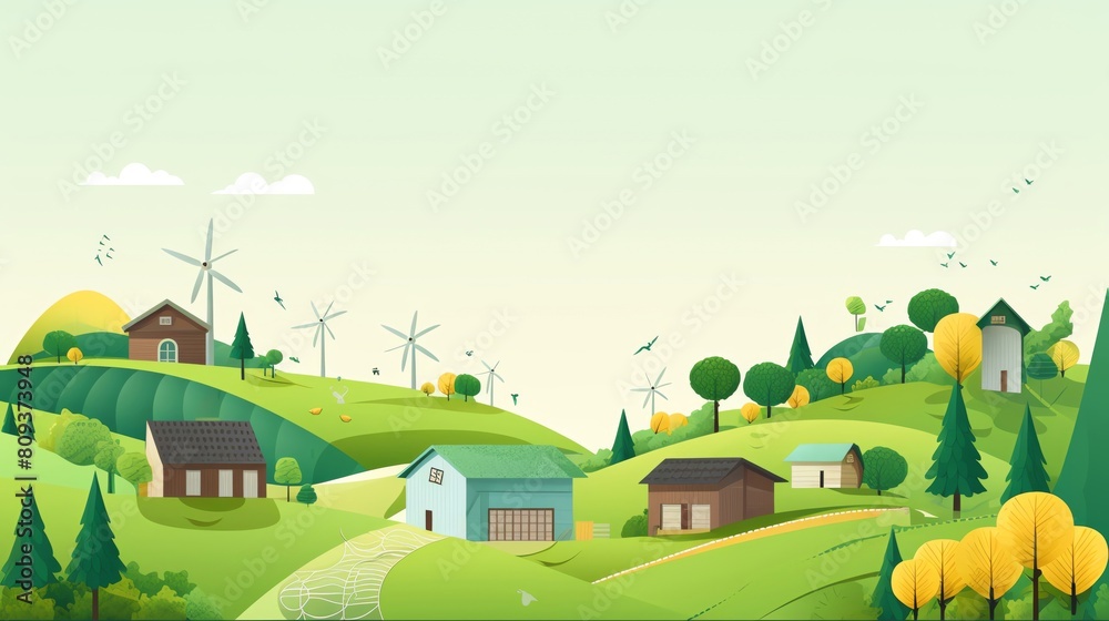 Create a landscape with rolling green hills, a blue sky, white clouds, and a small village with brown roofed houses