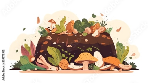 The illustration shows a variety of mushrooms growing in a forest