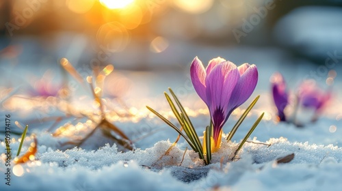 Crocus Blooms  Sunlit Growth in Winter Snow