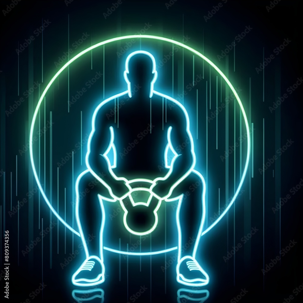 Neon silhouette man holding a kettle bell Neon silhouette man holding a kettle bell