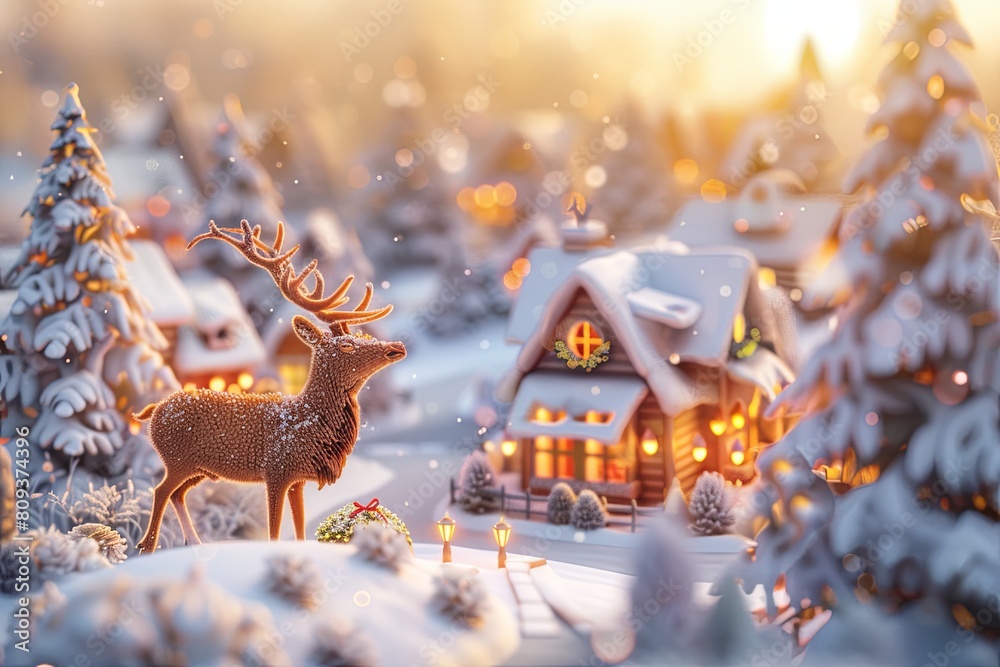 Elk and Santa Claus in snowy village winter scene with soft fantasy style light orange tones