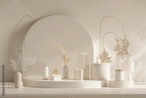Modern presentation: Elegant gift boxes with golden arches on white background © dekreatif