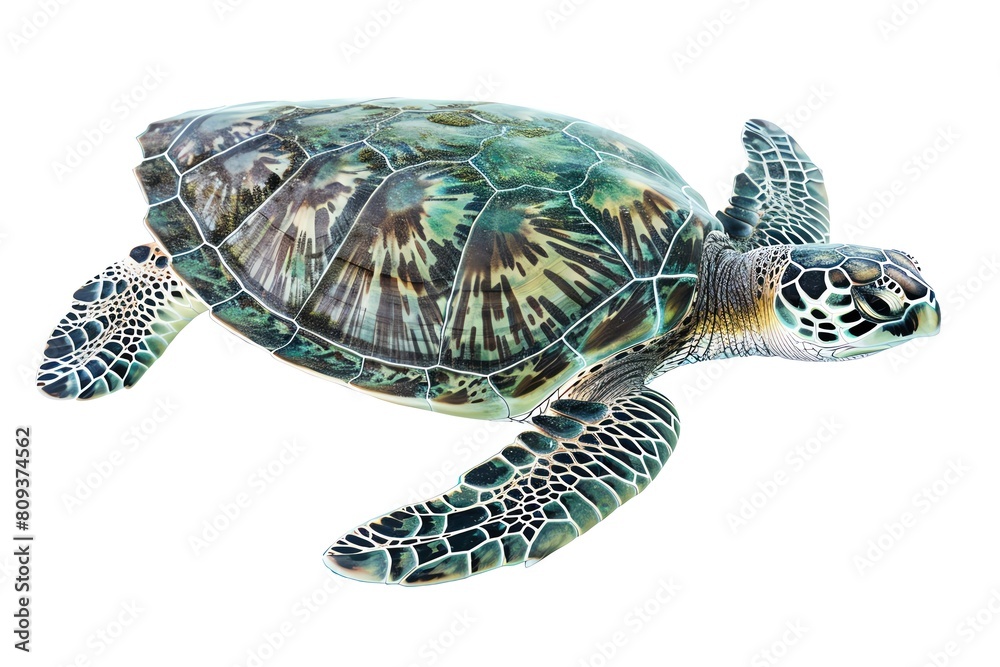 Fototapeta premium A green sea turtle, seen from above, isolated on a white background