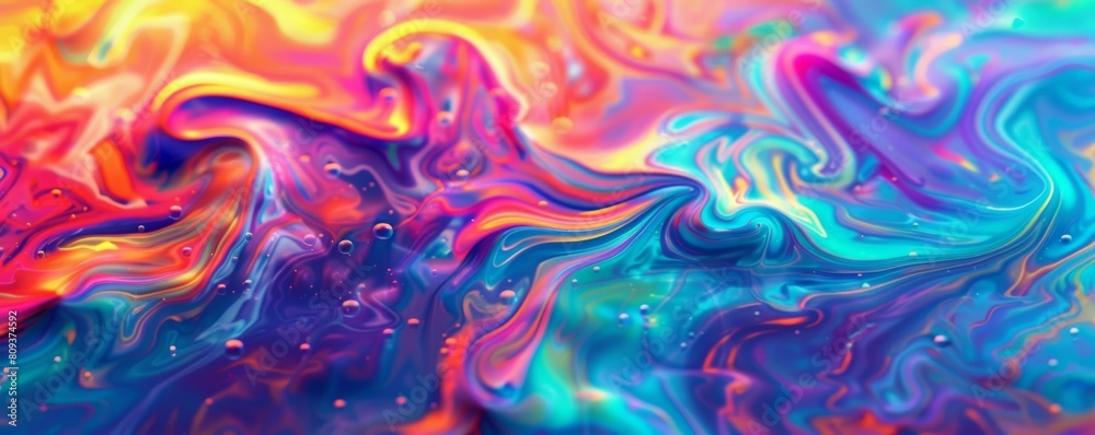 Vibrant liquid colors swirl in an abstract, psychedelic background