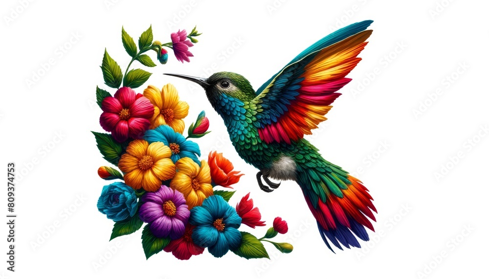 Fototapeta premium A detailed painting of a hummingbird near colorful flowers.