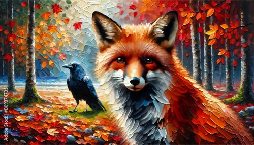 A textured and detailed painting of a red fox in a forest clearing surrounded by autumn leaves.