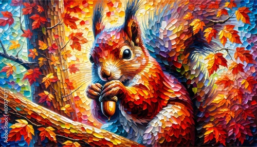 A vibrant, textured painting of a squirrel clutching an acorn on a richly colored autumn tree. © FantasyLand86