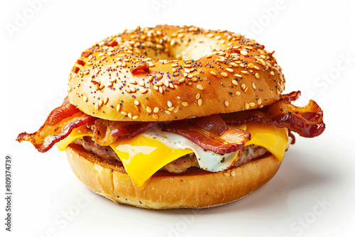 a bagel sandwich with bacon  cheese and eggs