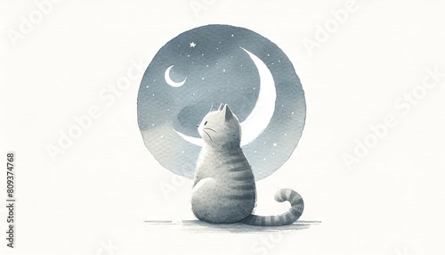 A minimalist depiction of a cat sitting calmly under a crescent moon. photo