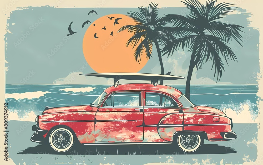Original vector illustration in vintage style. Vintage car with surf on the roof, with palm trees and sun in the background.