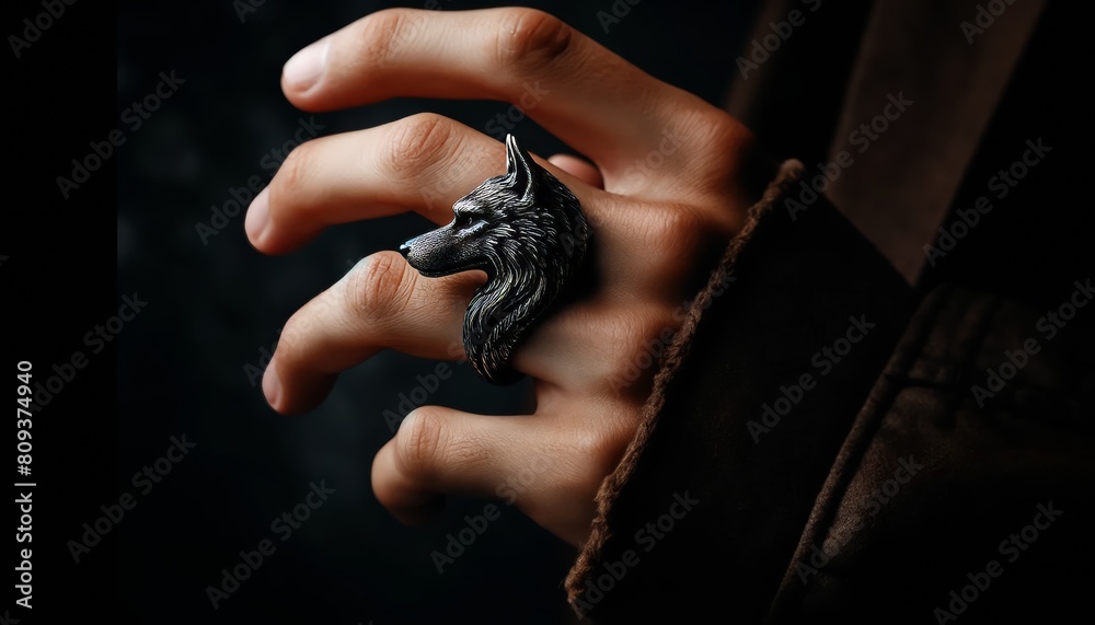 A hand wearing a ring shaped like a wolf's head, capturing the wild essence and sharp features.