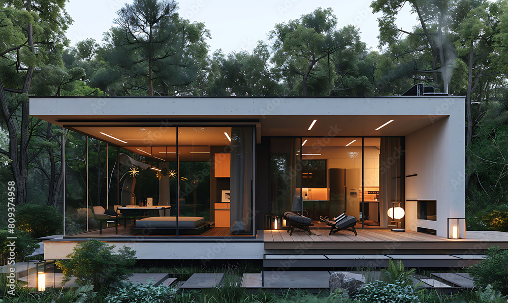 Fototapeta premium geometric elegance of a minimalist cubic house, blending seamlessly with its surroundings