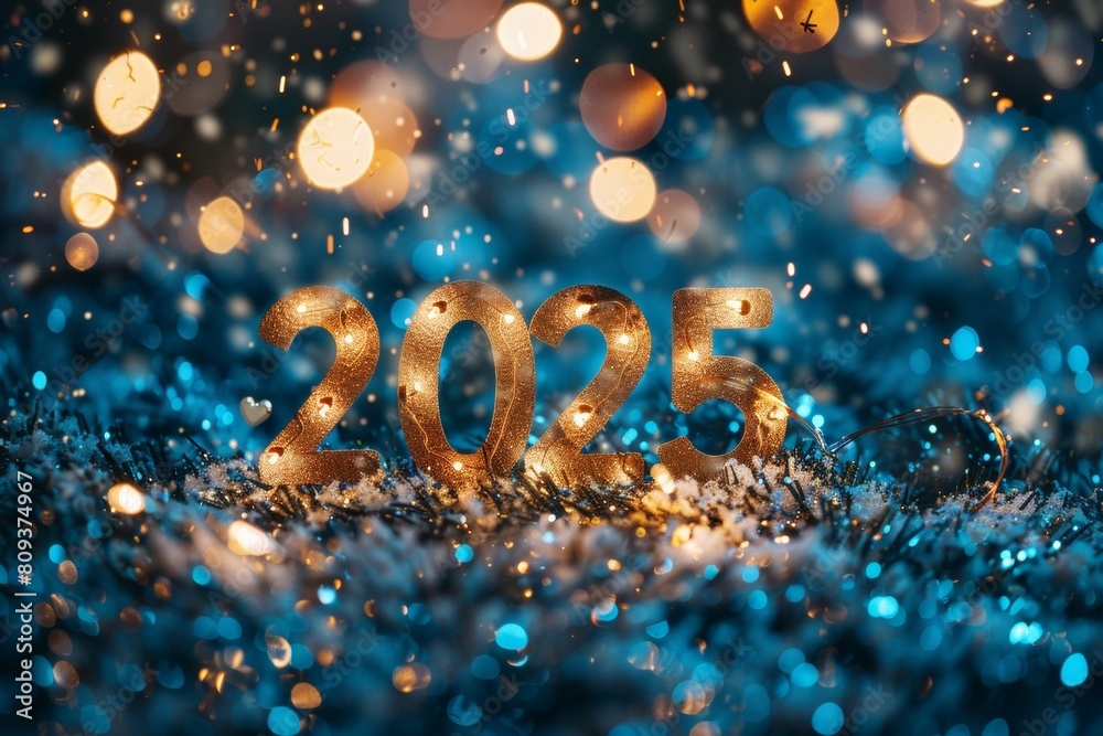 Numbers 2025 in the style of a Christmas card. Background with selective focus and copy space