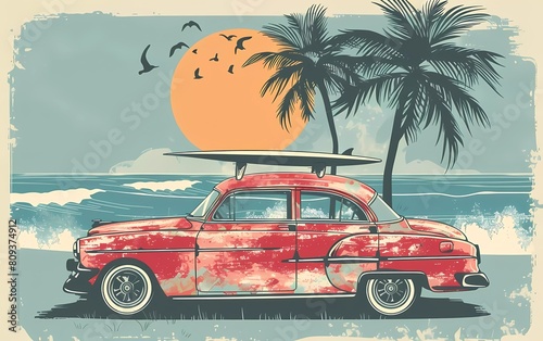 Original vector illustration in vintage style. Vintage car with surf on the roof, with palm trees and sun in the background.