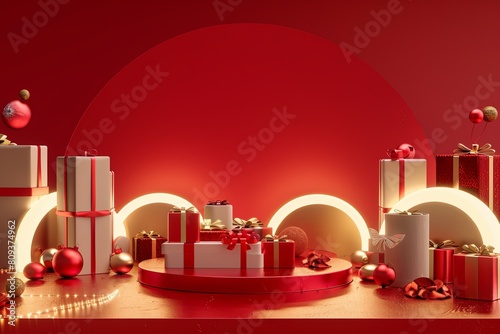 Festive gift boxes adorned with glowing arches on red background. Elegant rendering style.
