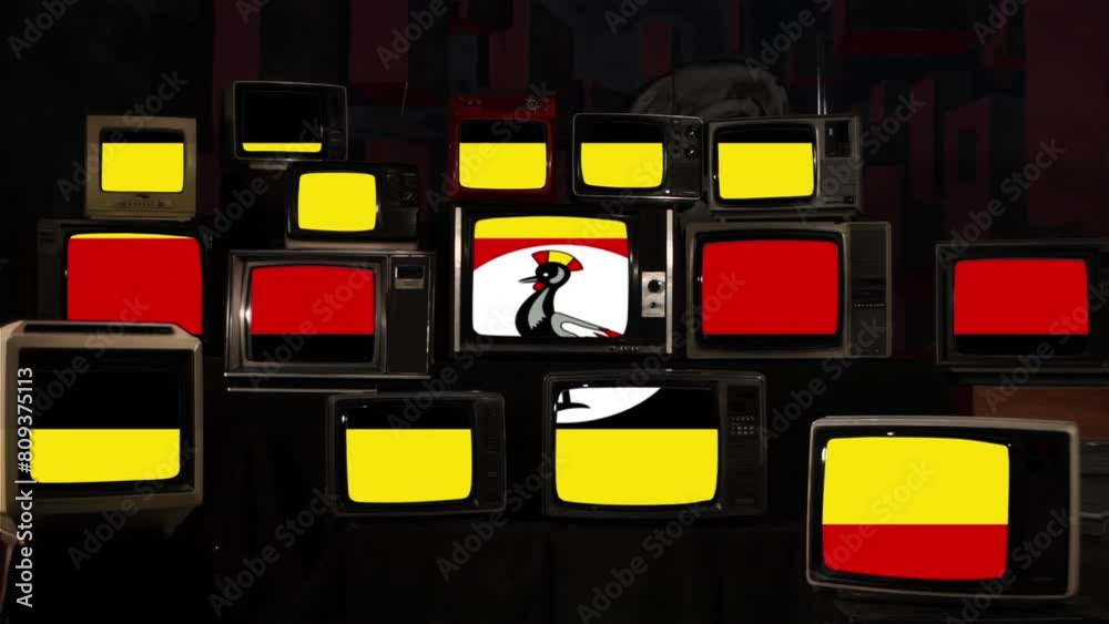 Flag of Uganda and Vintage Televisions. 4K Resolution.