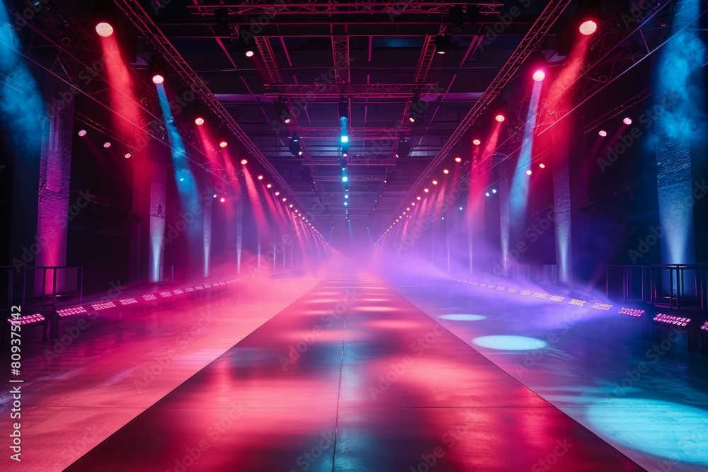 A long hallway with neon lights and a runway. Fashion show catwalk or podium stage A long hallway with neon lights and a runway. Fashion show catwalk or podium stage