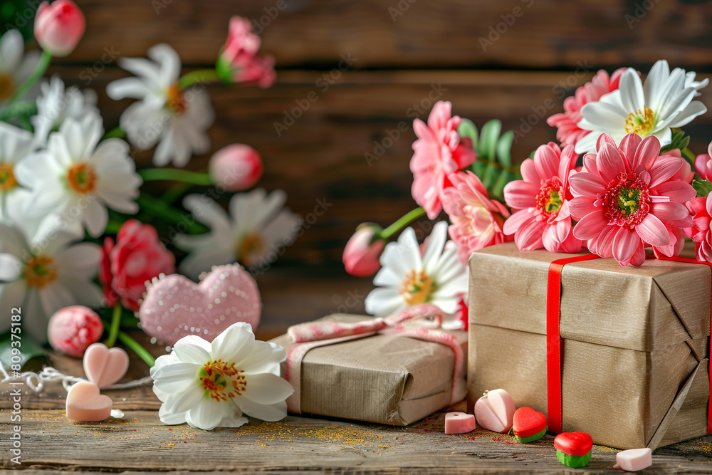 A modest arrangement of flowers on a Mother's Day banner's side, leaving room for your text, with a gift box and heart motif.