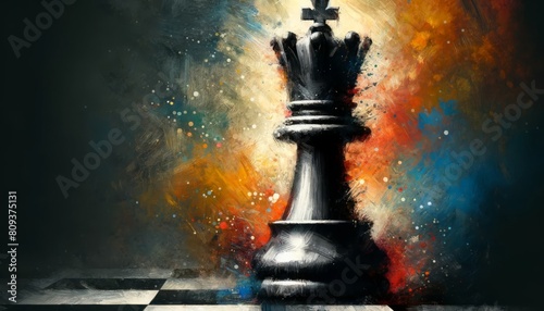 A close-up of a chess king depicted in a heavily textured and stylized abstract painting. photo