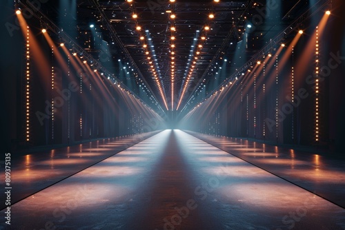A long, empty hallway with bright lights shining down on it. Fashion show catwalk or podium stage