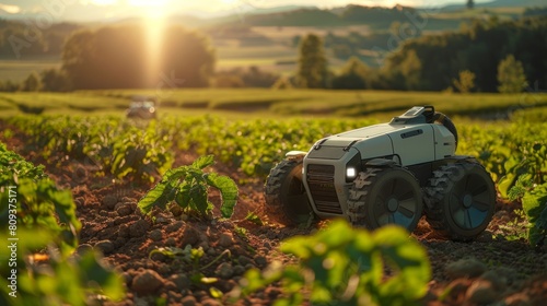 Autonomous farm robot at sunset photo
