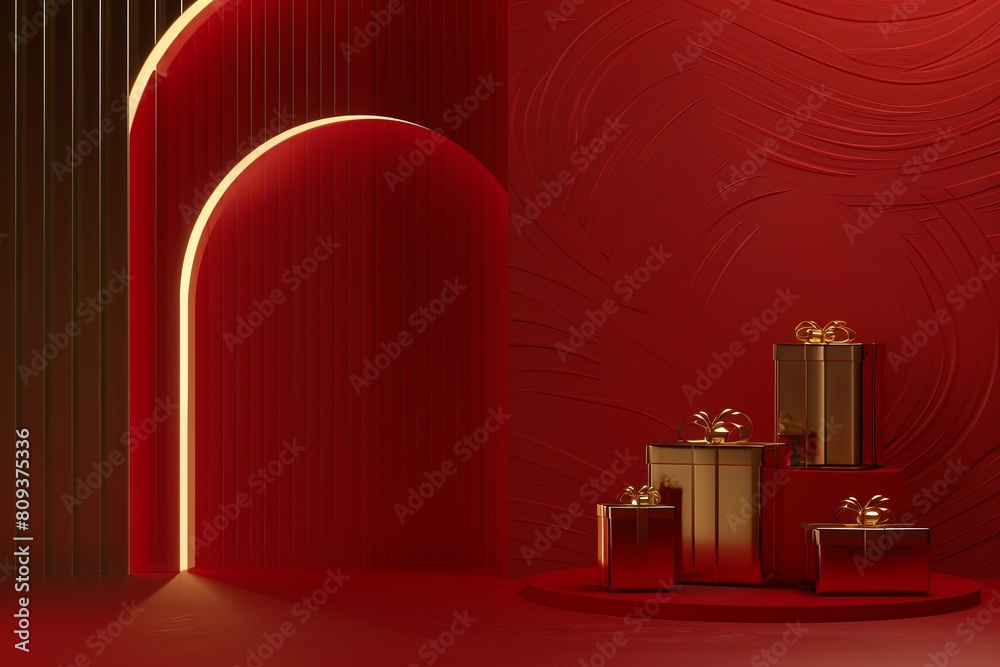 Christmas gift boxes and glowing arches on red backdrop. Elegant festive decorations with a hint of luxury Christmas gift boxes and glowing arches on red backdrop. Elegant festive decorations with a hint of luxury
