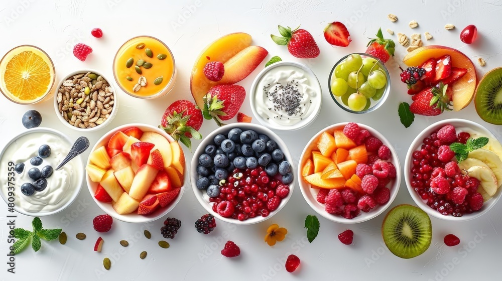 fruit and yogurt parfait bar on isolated background, featuring sliced kiwi, red strawberries, and a white bowl with a silver spoon fruit and yogurt parfait bar on isolated background, featuring sliced kiwi, red strawberries, and a white bowl with a silver spoon