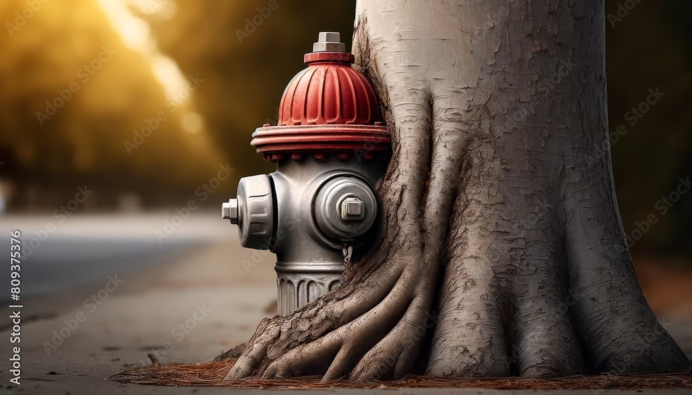 A detailed close-up image of a fire hydrant almost completely surrounded by a tree trunk, with only the top visible.