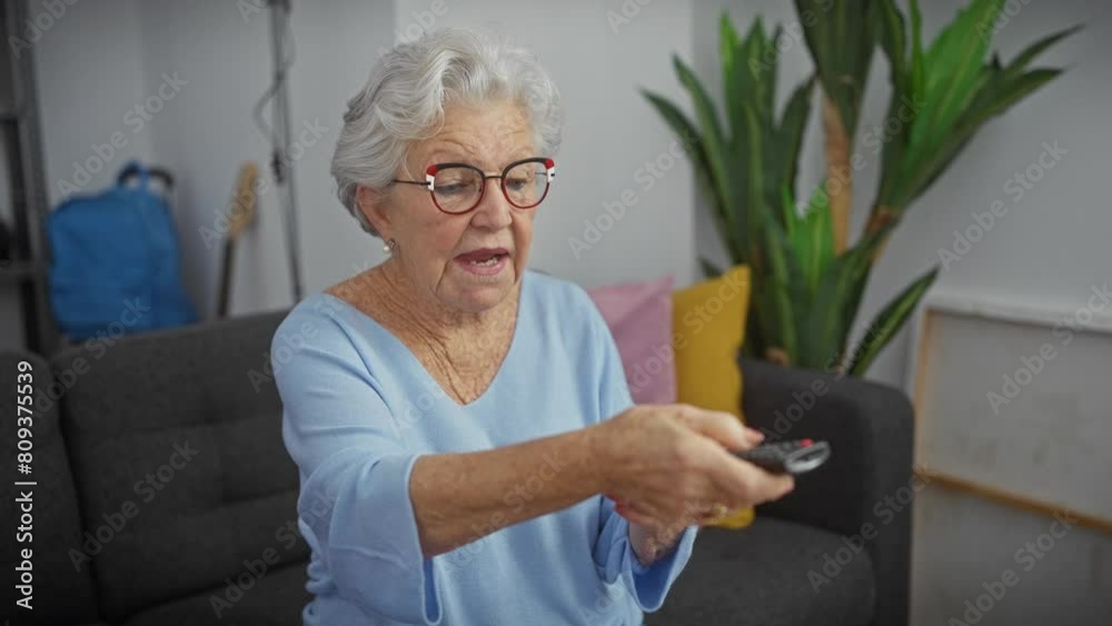 A surprised senior woman with glasses sitting on a couch holds a remote in a cozy living room. A surprised senior woman with glasses sitting on a couch holds a remote in a cozy living room.
