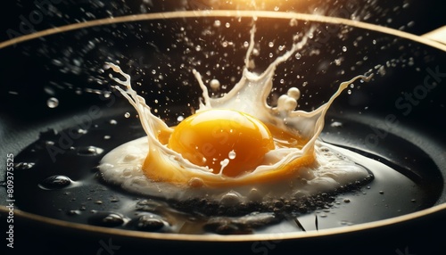 A detailed close-up image of an egg cracking into a hot frying pan, with the yolk splashing and spreading outwards. photo
