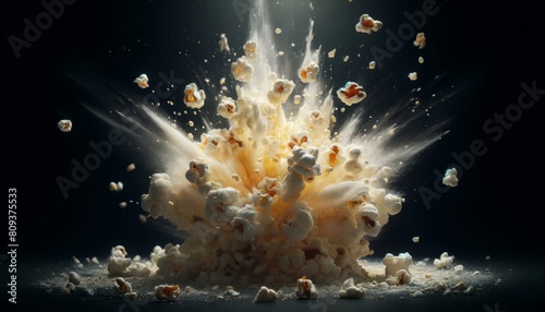 A detailed close-up image of popcorn kernels popping in mid-air, with pieces scattering around. photo