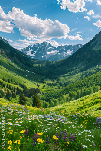 Breathtaking Panorama of Snow-capped US Mountains Amidst Vibrant Greenery and Bright Azure Sky