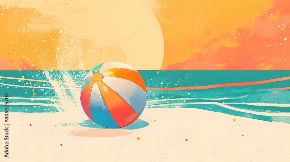 Colorful beach ball bouncing on sandy beach in a playful vector illustration of summer vibes