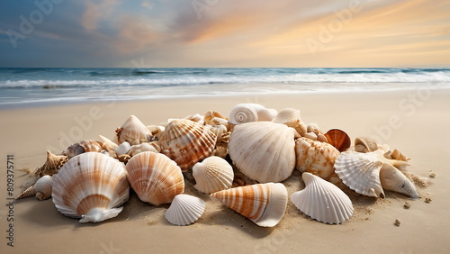 Starfish and seashells on seashore at sunset background