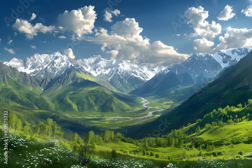 Breathtaking Panorama of Snow-capped US Mountains Amidst Vibrant Greenery and Bright Azure Sky © Chris