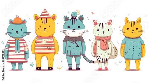 A group of five cats wearing clothes. The cats are all different colors and have different clothes on.