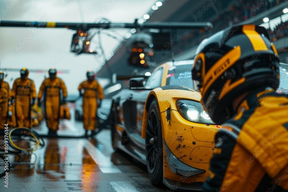 A group of people are standing around a yellow race car A group of people are standing around a yellow race car