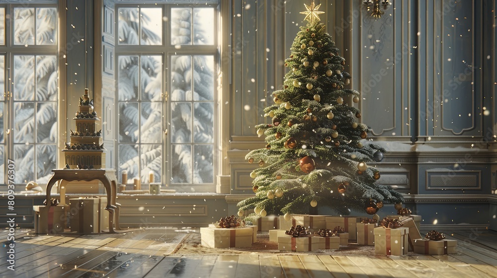 Warm Christmas interior featuring tree, gifts, and snowflakes. Festive holiday spirit