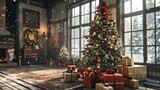Christmas home interior with festive decorations, gifts, and snowy accents. Warm holiday feel.
