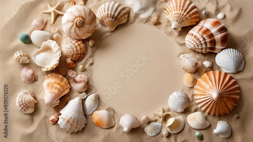 Flat lay of exotic starfish and sea shells on beach sand with circle form