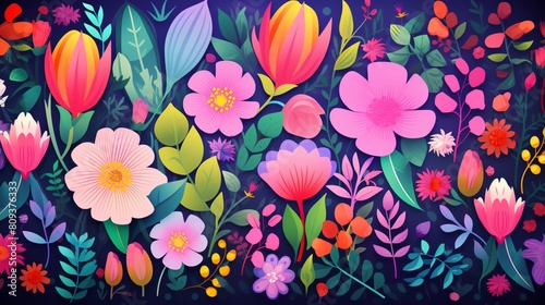 A vibrant floral illustration featuring a variety of colorful flowers and leaves against a dark background, creating a lively, artistic expression. photo