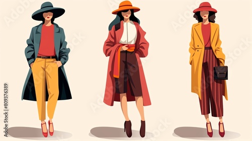 Three fashionable women in stylish clothes and hats.