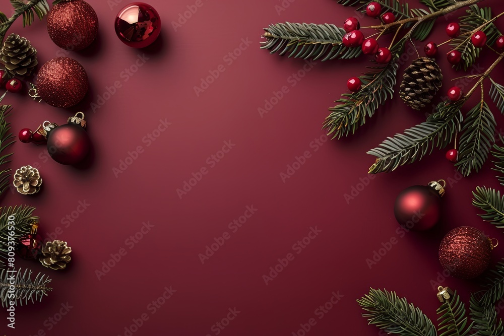 Sleek Christmas decorations arranged on Bordeaux background with space for text or ads.