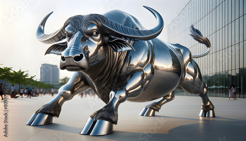 A massive African wild buffalo statue, crafted from stainless steel, dominates the urban landscape with its powerful presence and majestic horns.