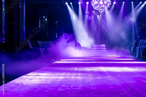 A runway with purple lights and smoke. Fashion show catwalk or podium stage