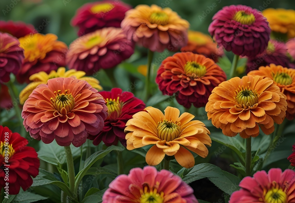 Clusters of vibrant zinnias in a flowerbed, generative AI Clusters of vibrant zinnias in a flowerbed, generative AI
