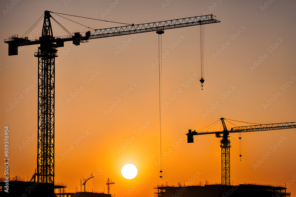 silhouette of Tower cranes dominates the skyline of a construction site bathed in the golden light of sunset silhouette of Tower cranes dominates the skyline of a construction site bathed in the golden light of sunset