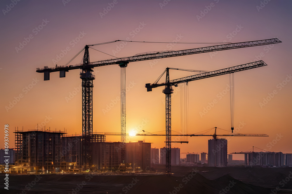 silhouette of Tower cranes dominates the skyline of a construction site bathed in the golden light of sunset