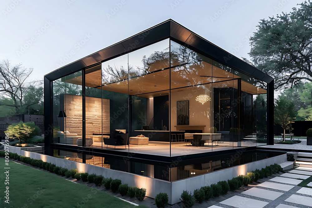 architectural brilliance of a minimalist cubic home, its glass walls reflecting the serenity of its landscaped front yard architectural brilliance of a minimalist cubic home, its glass walls reflecting the serenity of its landscaped front yard