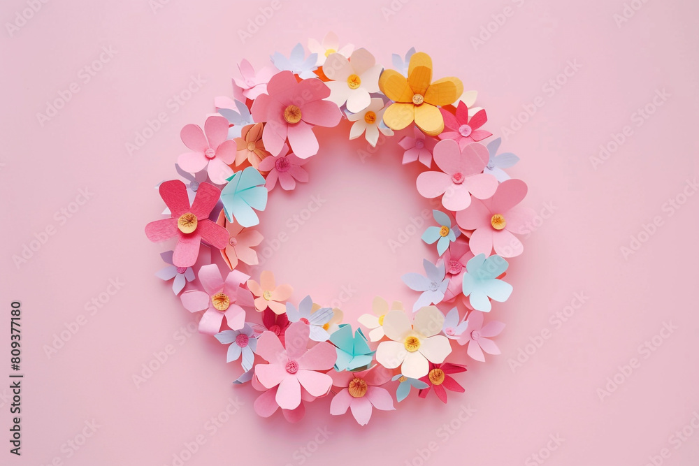 Tiny paper flower wreath encircling warm greetings for Mother's Day on pastel pink.